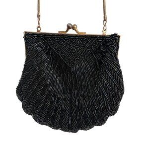 Beaded Scalloped Purse 6" Black Prom Homecoming Fairy Goth Whimsical 80s Chic